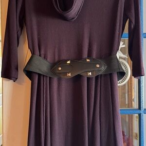 Robbie Bee Dark Purple Long Sleeve Dress with Black Belt